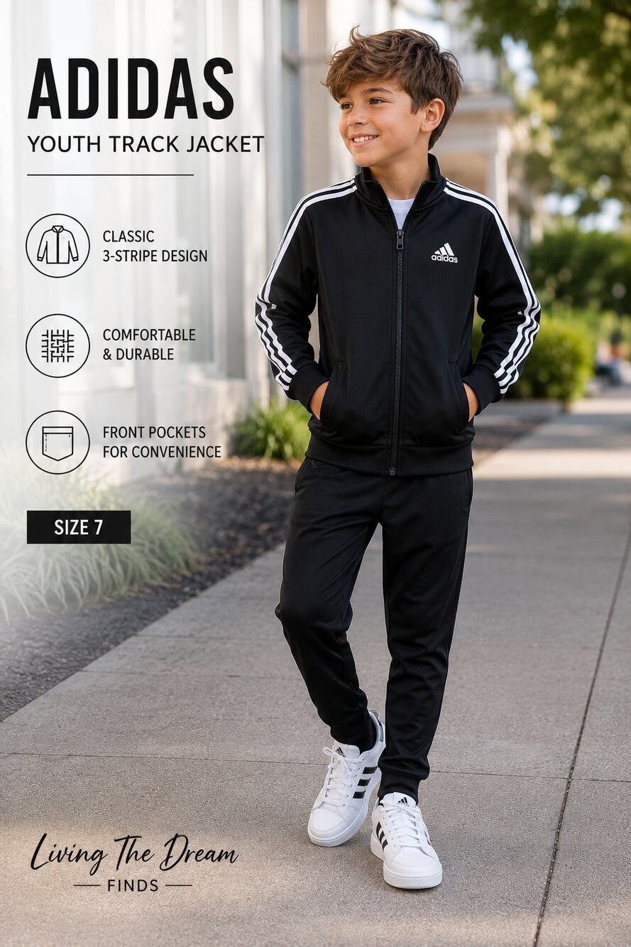 Adidas Youth Size 7 Black Full Zip Track Jacket 3 Stripe Athletic Sports Jacket